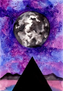 moon with black pyramid in purple space.